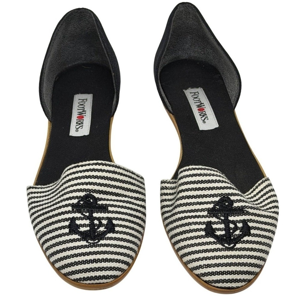 Footworks Flats Black White Striped Anchor Nautical D'Orsay Slip On Shoes Women